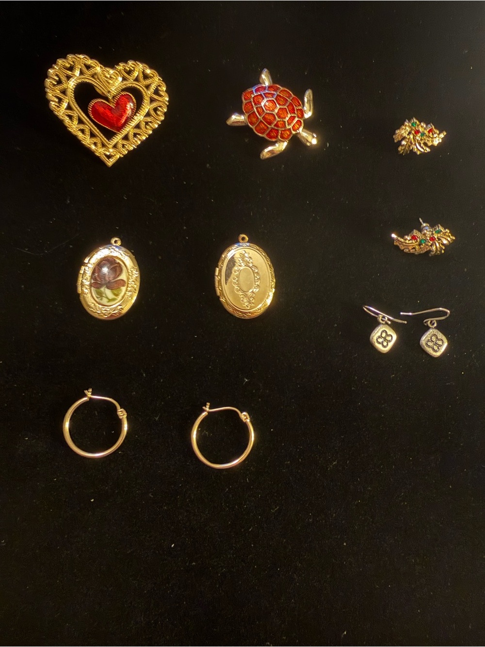 Heart and Sea Turtle Brooche, Lockets and Earrings
